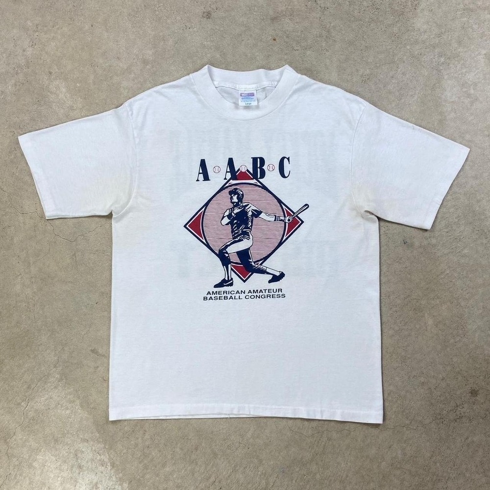Vintage American Amateur Baseball Congress Shirt Size Large White Mickey Mantle